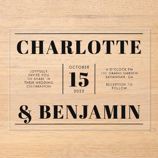 Moderne fette, schwarze, horizontale Hochzeit Acryleinladungen (Vorderseite)