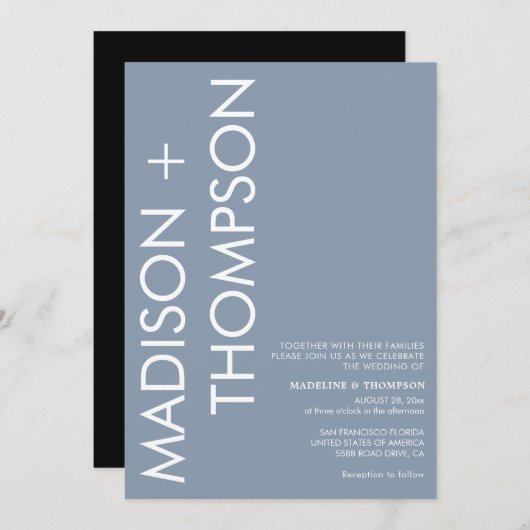 Moderne, fette Typografie Dusty Blue Wedding Einladung (Vorne/Hinten)