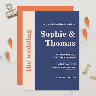 Moderne fette Typografie Navy Blue Orange Wedding Einladung