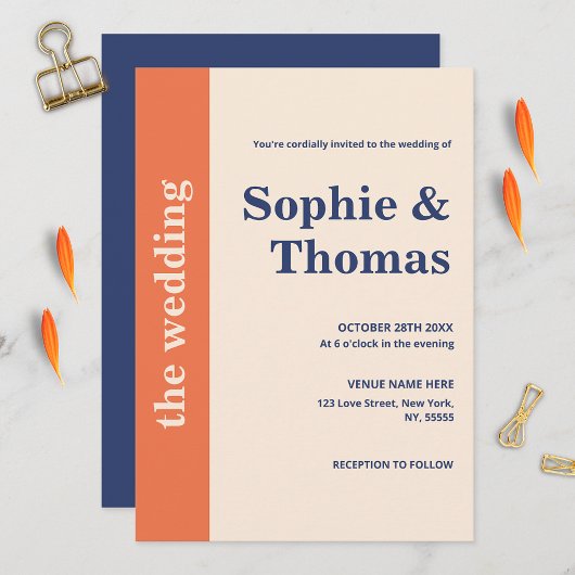 Moderne fette Typografie Orange Navy Blue Wedding Einladung