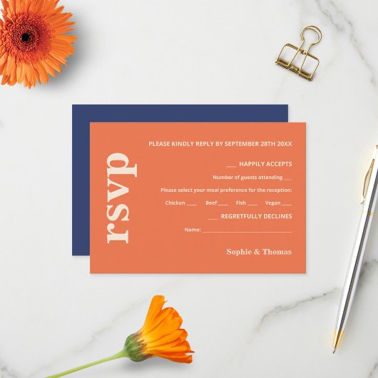 Moderne, fette Typografie Wedding Apricot Navy RSVP Karte