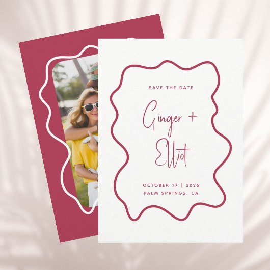 Moderne fette Wavy Frame Magenta Pink Foto Wedding Save The Date