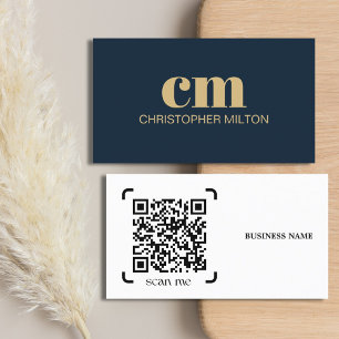 Moderne, fettgedruckte Monogramm-QR-Code Navy Blue Visitenkarte