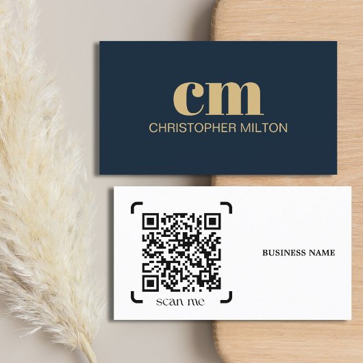Moderne, fettgedruckte Monogramm-QR-Code Navy Blue Visitenkarte