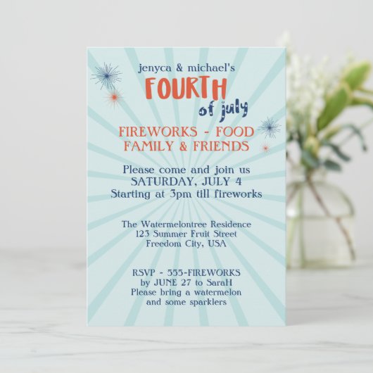 Moderne Feuerwerk-Party Einladung 4. Juli (Stehend Vorderseite)