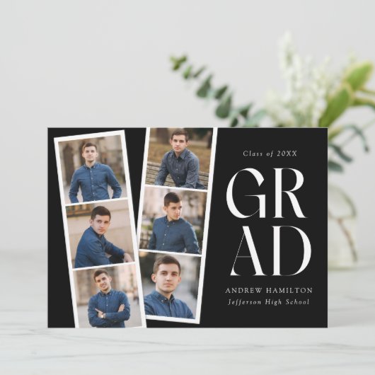 Moderne Filmstrip Black 6 Foto Graduation Party Einladung (Stehend Vorderseite)