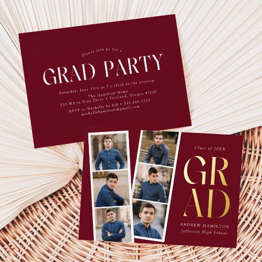 Moderne Filmstrip Burgundy 6 Foto Graduation Party Folieneinladung
