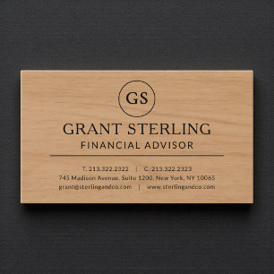 Moderne Finanzberater-Luxus-Monogramm aus Holz Visitenkarte