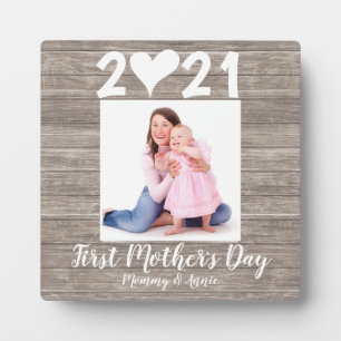 Moderne First Mother's Day Heart Foto Imitate Holz Fotoplatte