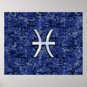 Moderne Fische Zodiac Sign Navy Blue Digital Camou Poster