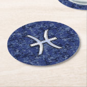 Moderne Fische Zodiac Sign Navy Blue Digital Camou Runder Pappuntersetzer (Angewinkelt)