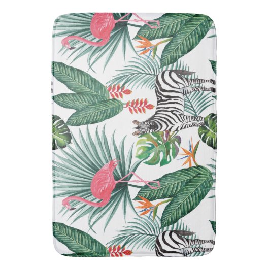 Moderne Flamingo zebra tropisches Blattwasserfarbe Badematte (Vorderseite Vertikal)