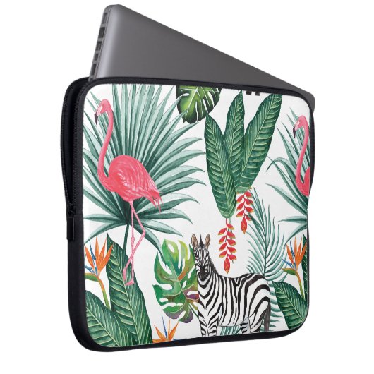 Moderne Flamingo zebra tropisches Blattwasserfarbe Laptopschutzhülle (Vorne Rechts)