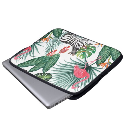 Moderne Flamingo zebra tropisches Blattwasserfarbe Laptopschutzhülle (Vorne Knopf)