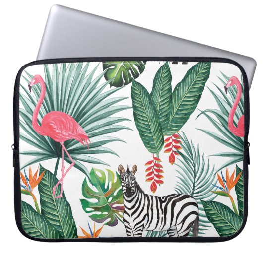 Moderne Flamingo zebra tropisches Blattwasserfarbe Laptopschutzhülle (Vorderseite)