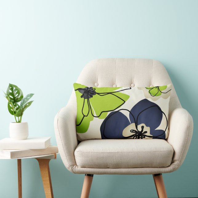 Moderne Floral Chartreuse Marine Creme Lendenkissen (Stuhl )