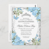 Moderne floral Dusty Blue Silver Tiara Quinceañera Postkarte (Vorne/Hinten)