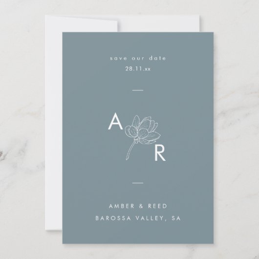 Moderne floral monogram Elegant Simple Dusty Blue Save The Date (Vorderseite)