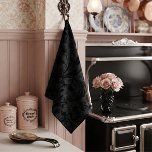 Moderne Floral Noir Schwarzer Samt  Geschirrtuch