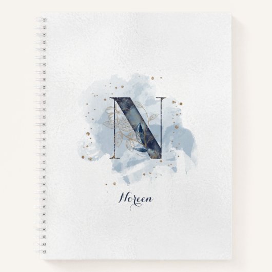 Moderne floral Personal Monogram Letter N Blue Gol Notizblock (Vorderseite)