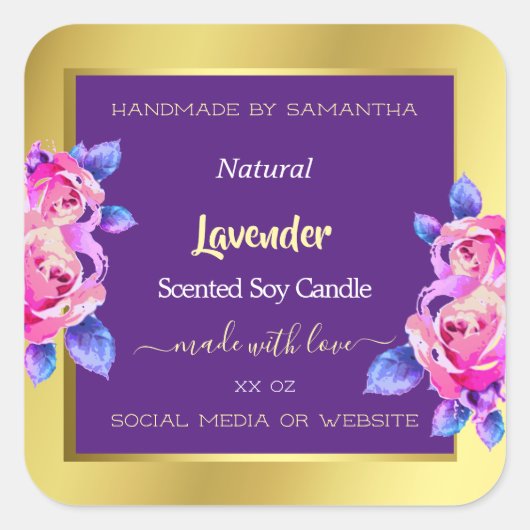 Moderne Floral Product Packaging Labels Gold Lila Quadratischer Aufkleber (Vorderseite)