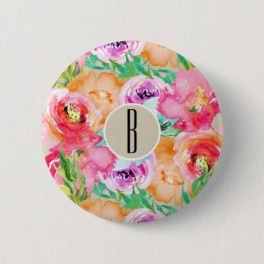Moderne floral Watercolor Kraft Rustikal Personali Button (Vorderseite)