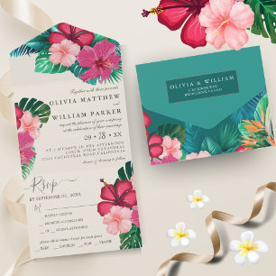 Moderne Florale Aquarell-Tropengrün-Hochzeit All In One Einladung