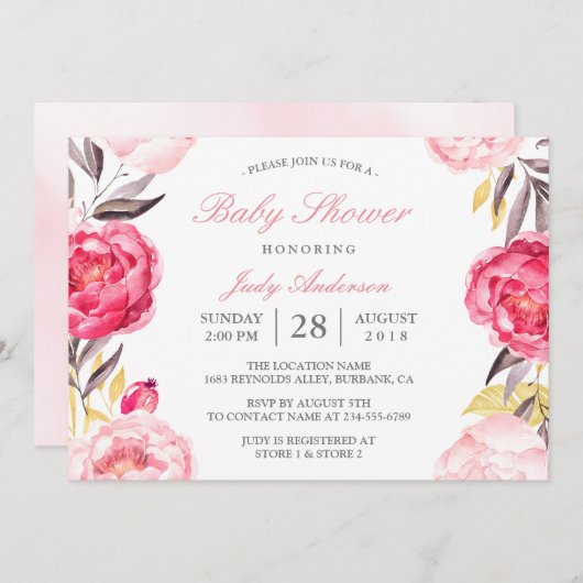 Moderne florale Babydusche Einladung (Vorne/Hinten)