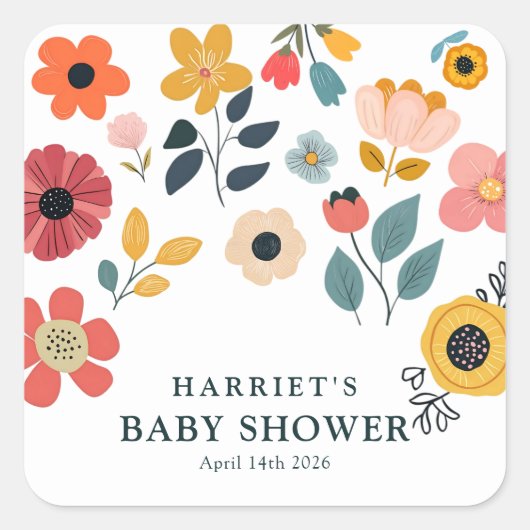 Moderne Florale Babyparty Quadratischer Aufkleber (Vorderseite)