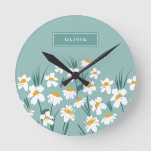 Moderne, florale Blau, mädchenhaft elegant stilvo Runde Wanduhr