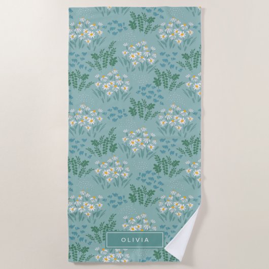 Moderne, florale Blau, mädchenhaft elegant stilvol Strandtuch (Vorderseite)