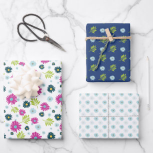 Moderne Florale Blaue Daisy und rosa Botanik Geschenkpapier Set
