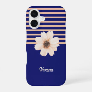 Moderne Florale Blaue Pfirsich iPhone 16 Hülle