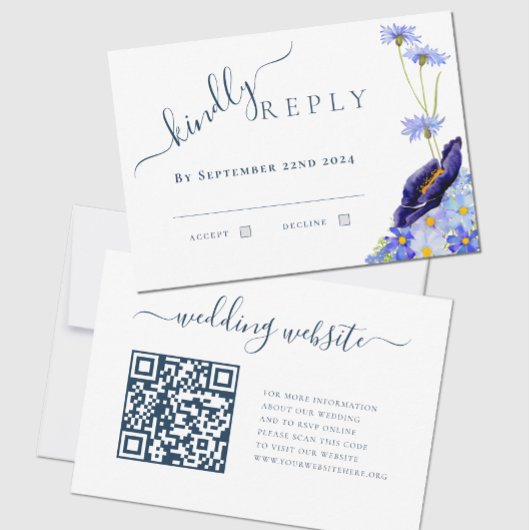 Moderne florale Blue QR Code Hochzeitserklärung An RSVP Karte