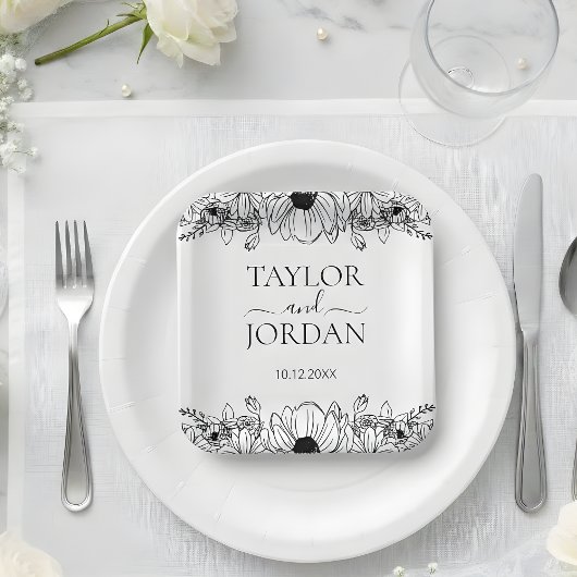 Moderne Florale Botanische Rand Hochzeit Pappteller
