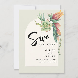 Moderne Florale Botanische Sukkulente Ecru Hochzei Save The Date