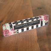 Moderne, florale Burgund Schwarz-weiße Streifen Namensplakette (Seite)