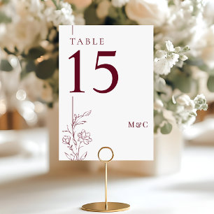 Moderne Florale Burgund- und Weiße Boho-Hochzeit Tischnummer