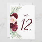 Moderne florale Burgundy Blush Wedding Tischnummer (Vorderseite)