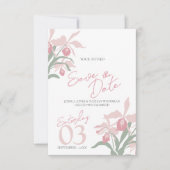Moderne florale Cattleya-Orchidee staubiges Rosa H Save The Date (Vorderseite)
