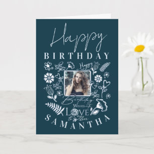 Moderne florale Geburtstags-Typografie-Foto-Doodle Karte