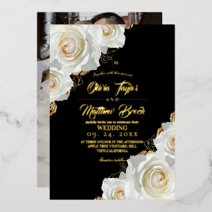 Moderne Florale Goldfolie Elfenbein Rosen Schwarze Folieneinladung