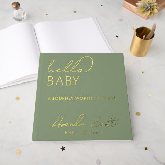 Moderne Florale Hello Baby Salbeigrüne Babyparty Gästebuch