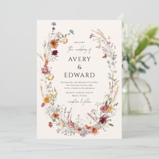 Moderne florale Hochzeit im Herbst Rustic Boho Einladung (Stehend Vorderseite)