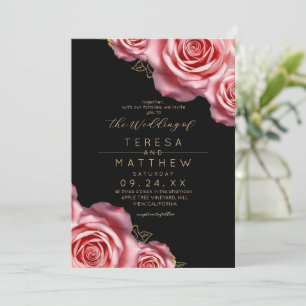 Moderne Florale Hochzeit in Rosa und Schwarz Einladung