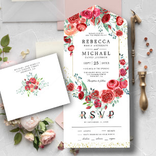 Moderne Florale Hochzeit mit roten Rosen All In One Einladung