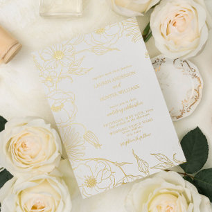Moderne florale Hochzeitslinie in Gold Folieneinladung