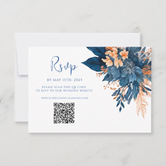 Moderne florale Indigo Rust QR Code Hochzeit RSVP Karte (Vorderseite)
