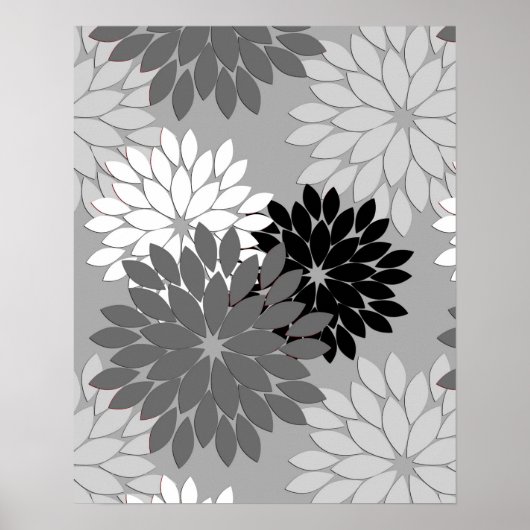 Moderne florale Kimono Print, grau, schwarz und we Poster (Vorne)