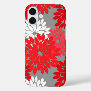 Moderne florale Kimono Print, Korallenrot und Grau iPhone 16 Plus Hülle